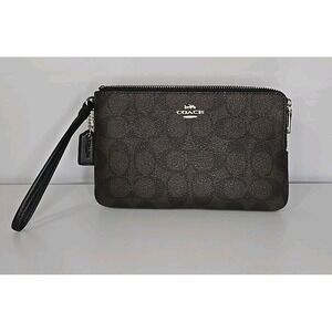 Coach F16109 Double Zip Wallet in Brown Black Signature Coated Canvas